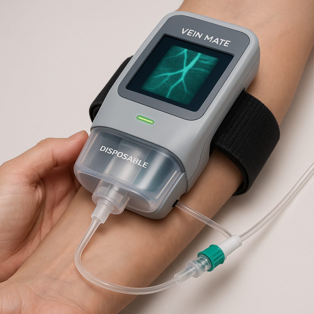 VeinMate Assist worn on a patient's forearm, its screen showing the near-infrared vein map, with a clinician performing the access