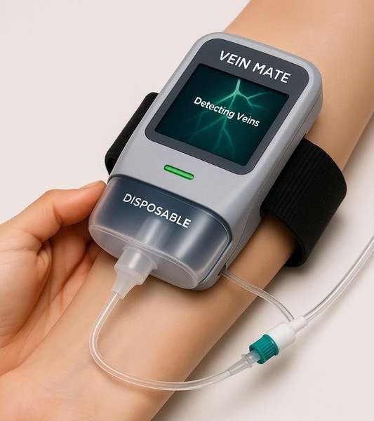 The device screen showing the detected vein network with the optimal insertion point marked